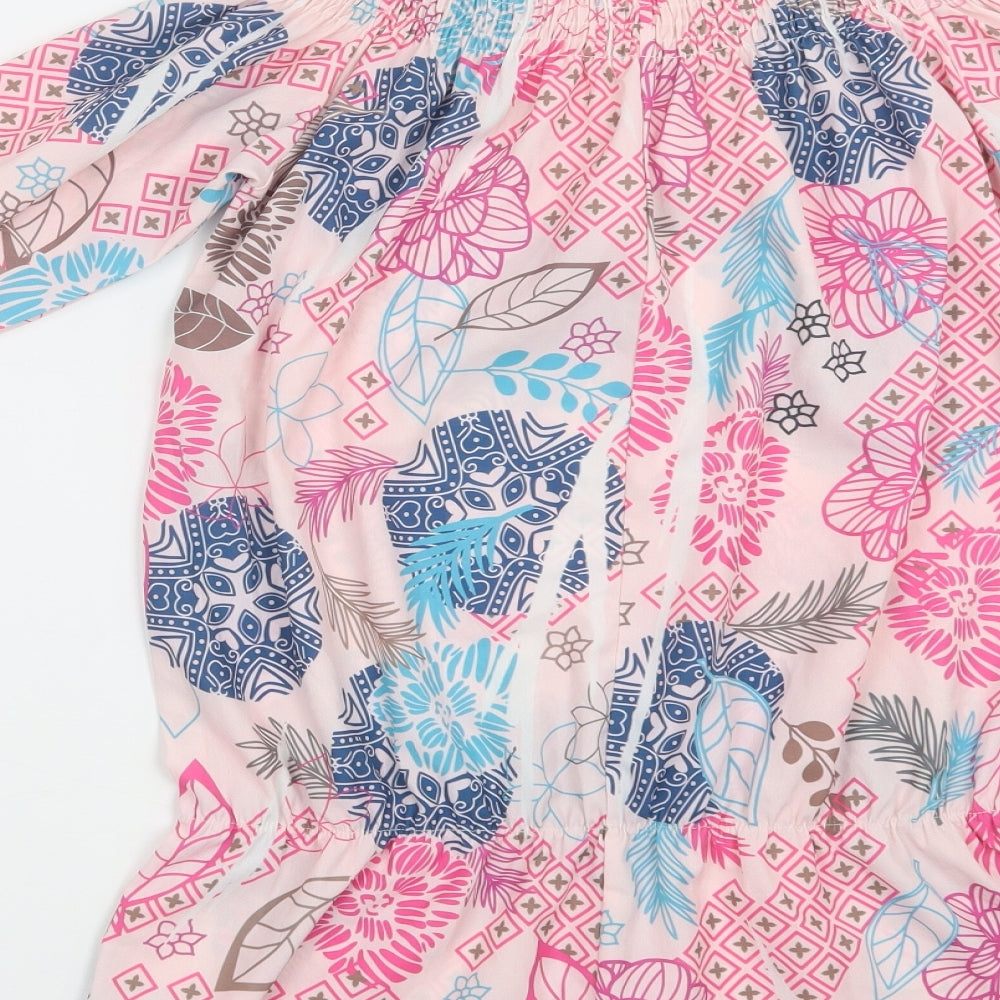Preworn Womens Pink Floral Polyester Basic Blouse Size L Off the Shoulder