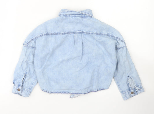 NEXT Girls Blue Cotton Cropped Button-Up Size 4 Years Collared Button - Tie Front