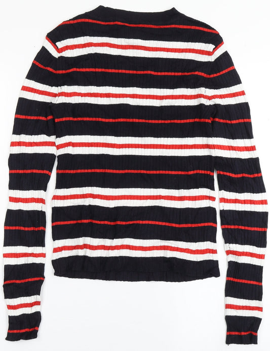 H&M Womens Blue Round Neck Striped Viscose Pullover Jumper Size S