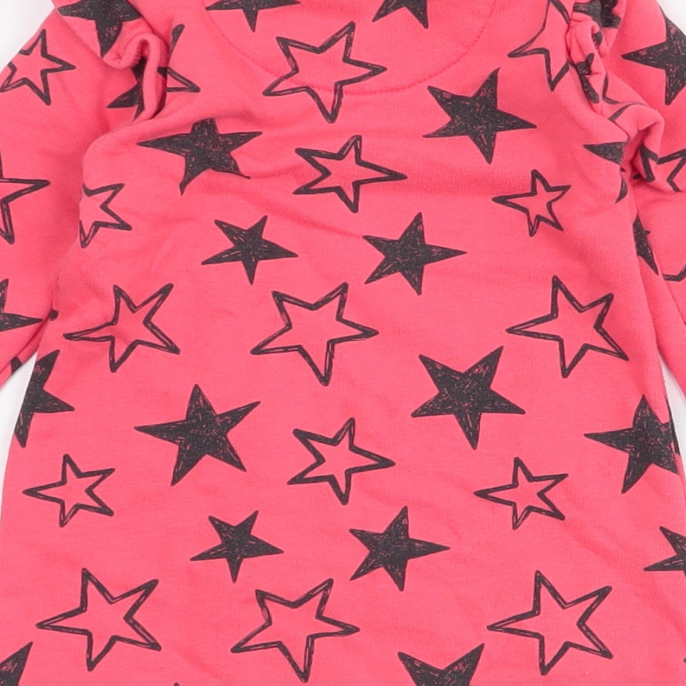 Brand and care label for Fred & flo girls’ pink spotted cotton a-line, size 9-12, months round neck button - stars