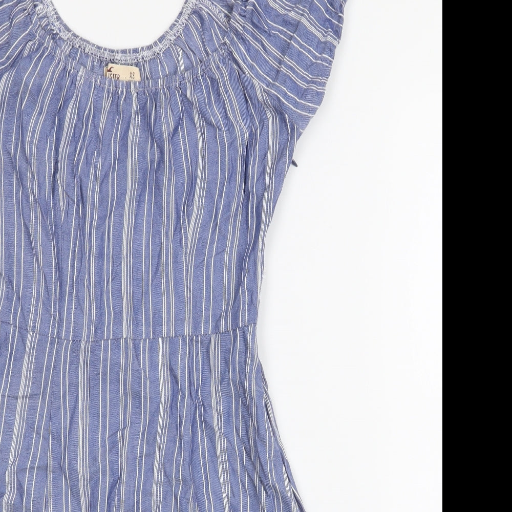 Hollister Womens Blue Striped Viscose Skater Dress Size XS Off the Shoulder Zip