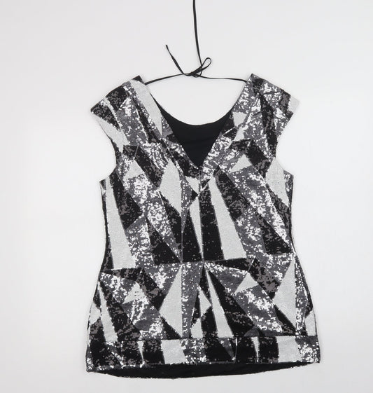 Julien Macdonald Womens Black Geometric Polyamide Basic Blouse Size 14 Round Neck
