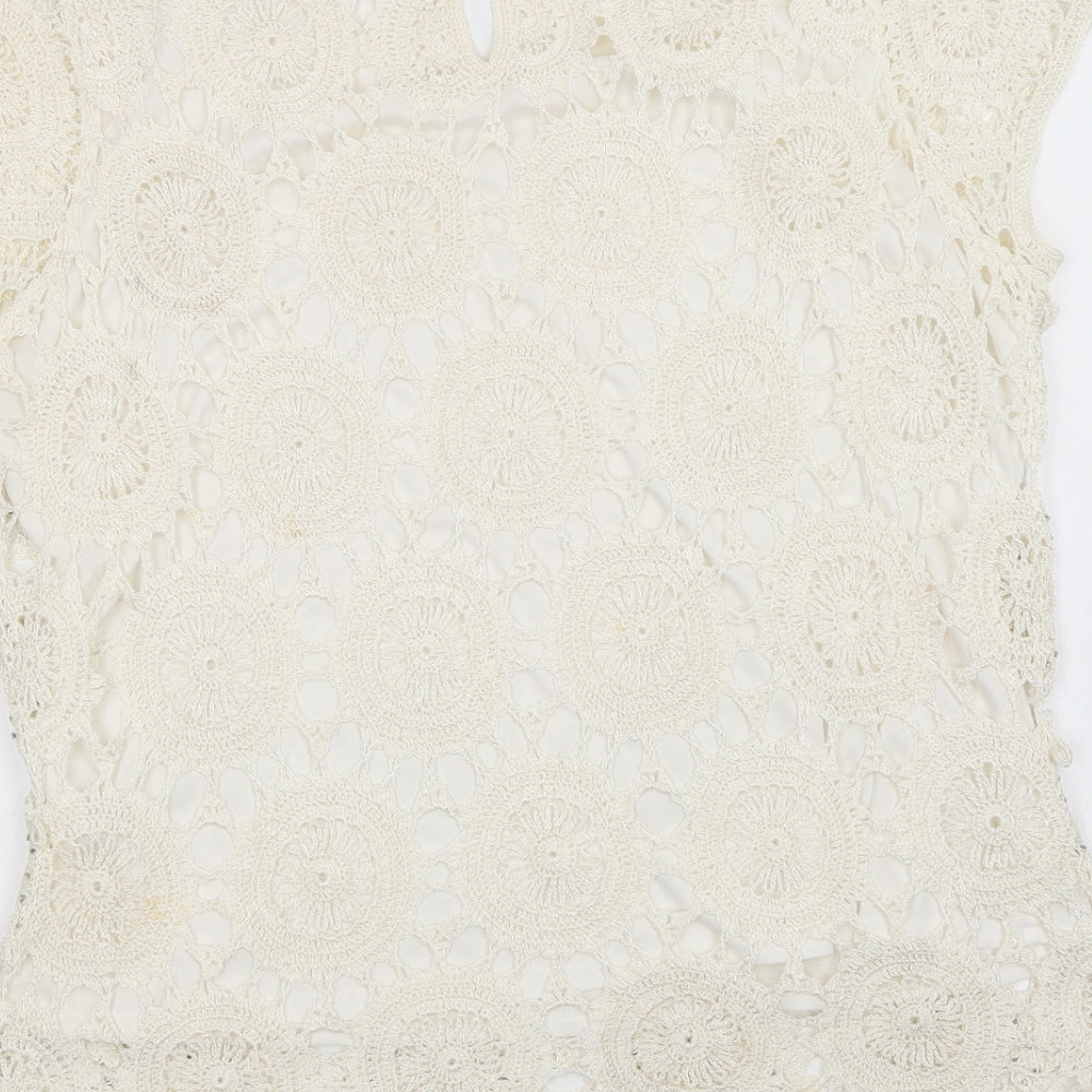 Wallis Womens Ivory Viscose Basic Blouse Size L Round Neck - Lace Overlay