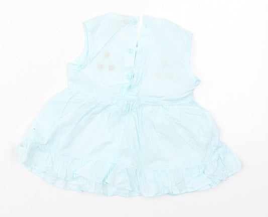 Preworn Girls Blue Striped Cotton Skater Dress Size 2 Years Round Neck Button - Flowers