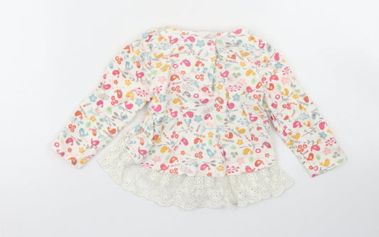 Mothercare Girls Ivory Floral Cotton Basic Blouse Size 3-6 Months Crew Neck Snap - Lace Hem