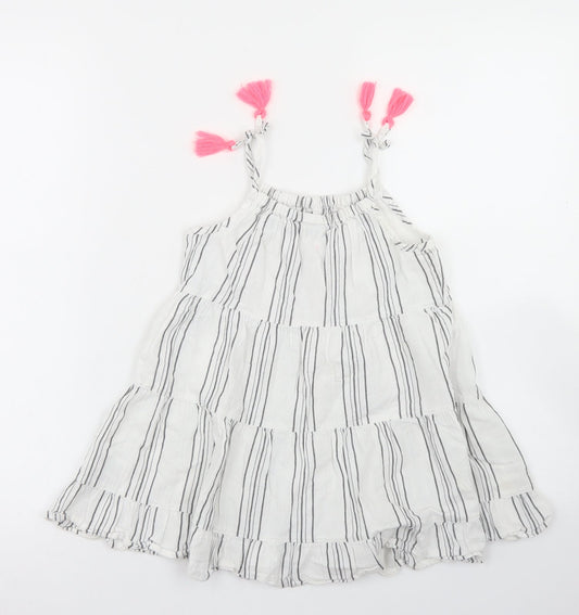 Matalan Girls White Striped Cotton Trapeze & Swing Size 4 Years Round Neck
