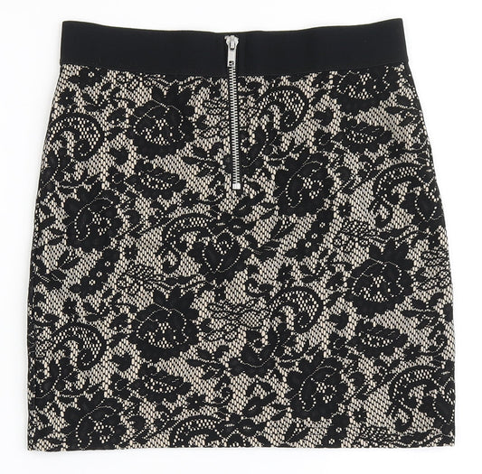 H&M Womens Black Floral Polyester A-Line Skirt Size 8 Zip