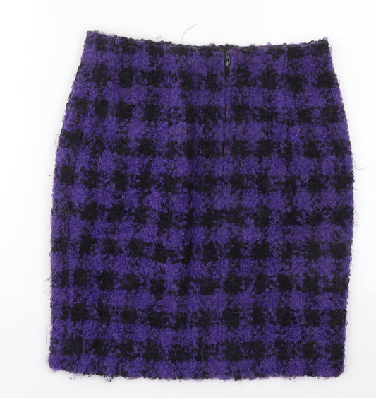 Preworn Womens Purple Check Wool Straight & Pencil Skirt Size 28 in Hook & Eye