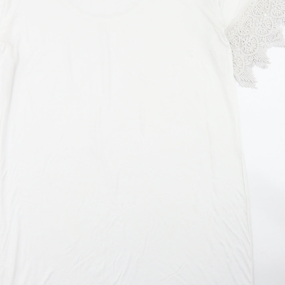 bpc Womens White Viscose Tunic T-Shirt Size M Crew Neck - Lace Sleeve and Hem Detail, Cold Shoulder