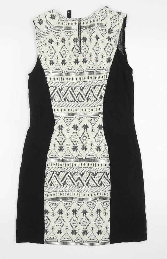 H&M Womens White Geometric Cotton Bodycon Size 12 Crew Neck Zip