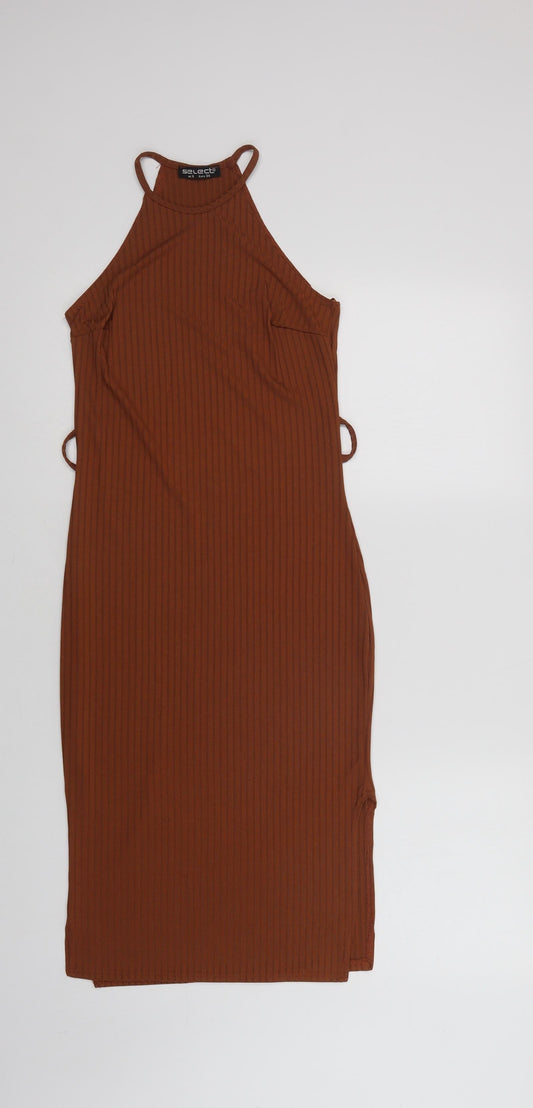 Select Womens Brown Polyester Bodycon Size 6 High Neck
