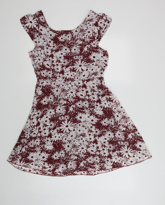 Snow Traffic Womens Red Floral Polyester Fit & Flare Size M Round Neck Zip