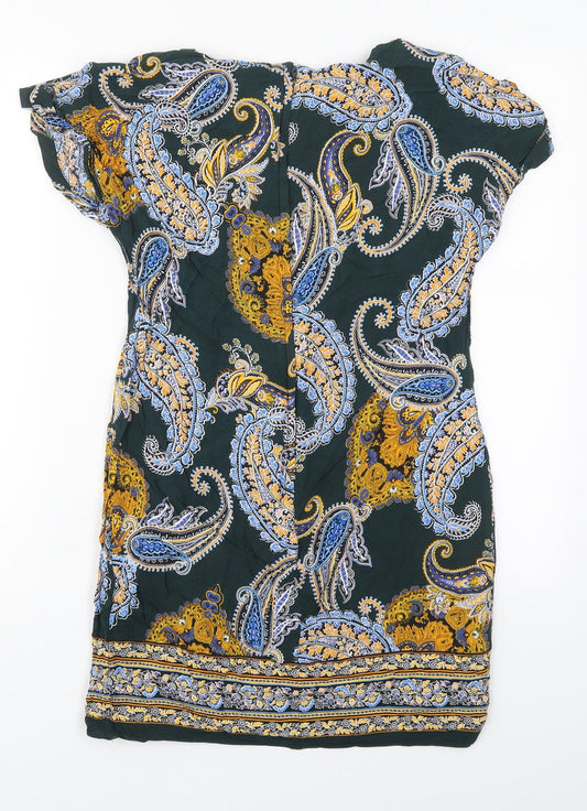 Dorothy Perkins Womens Green Paisley Viscose Mini Size 8 Round Neck Zip