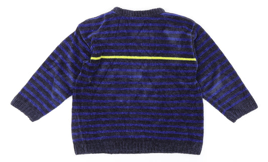 Tesco Boys Blue Round Neck Striped Acrylic Pullover Jumper Size 3-4 Years - Chenille