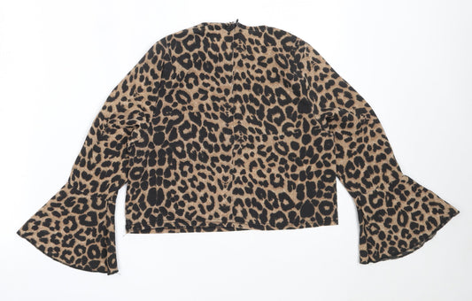 PRETTYLITTLETHING Womens Brown Animal Print Polyester Basic Blouse Size 4 Round Neck