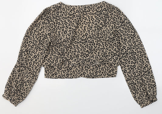 Brave Soul Womens Beige Animal Print Polyester Basic Blouse Size S V-Neck