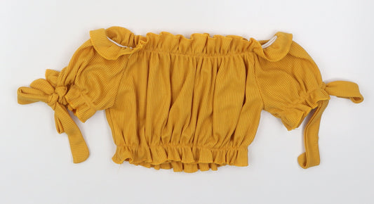 PRETTYLITTLETHING Womens Yellow Polyester Cropped Blouse Size 4 Off the Shoulder