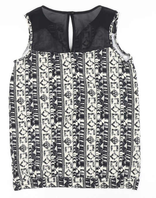 NEXT Womens Black Geometric Viscose Basic T-Shirt Size 12 V-Neck