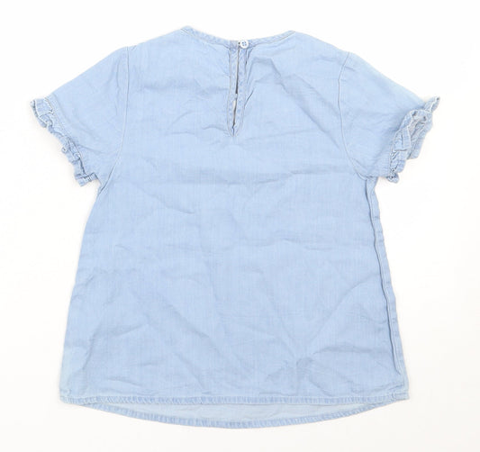George Girls Blue 100% Cotton Basic Blouse Size 6-7 Years Round Neck Button - Flower embroidery