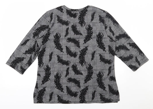 Bicalla Womens Black Houndstooth Viscose Jersey T-Shirt Size L Scoop Neck - Feather pattern