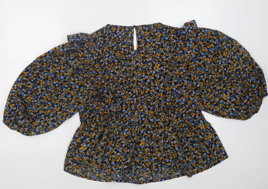New Look Womens Yellow Floral Polyester Basic Blouse Size 14 Crew Neck
