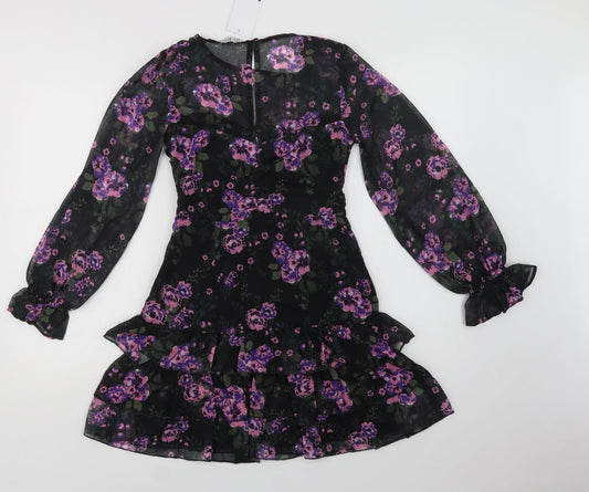 Reyon Womens Black Floral Polyester Fit & Flare Size S Round Neck Button
