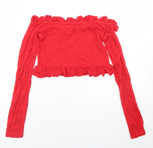PRETTYLITTLETHING Womens Red Viscose Cropped T-Shirt Size 8 Off the Shoulder