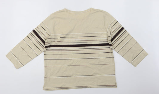 Dunnes Stores Womens Beige Striped Cotton Basic Blouse Size 10 Crew Neck