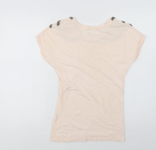 Preworn Womens Pink Basic T-Shirt Size 8 Crew Neck - Embellished Neckline