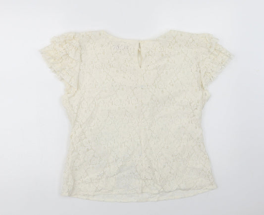 A Wear Womens Ivory Cotton Basic Blouse Size 14 Round Neck - Lace Overlay