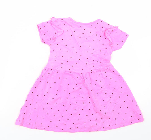 Dunnes Stores Girls Pink Polka Dot Cotton Skater Dress Size 12-18 Months Crew Neck