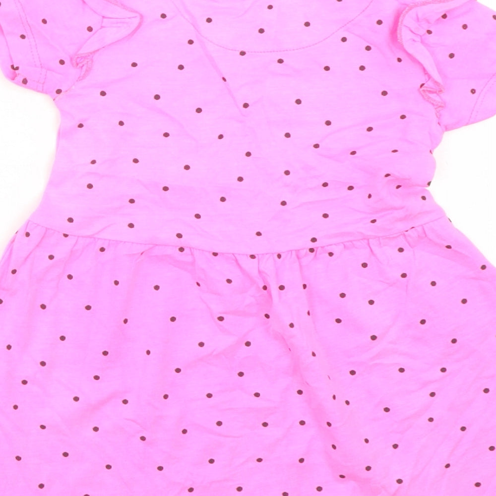 Dunnes Stores Girls Pink Polka Dot Cotton Skater Dress Size 12-18 Months Crew Neck