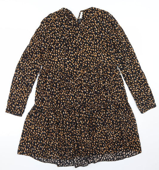 New Look Womens Black Animal Print Viscose Fit & Flare Size 8 Round Neck Tie