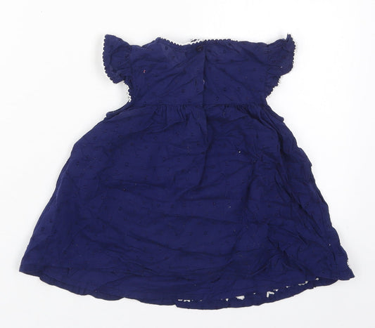 George Girls Blue Floral Cotton A-Line Size 12-18 Months Round Neck Button