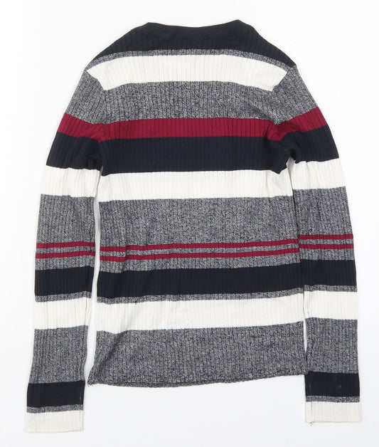 H&M Womens Grey Round Neck Striped Acrylic Pullover Jumper Size S