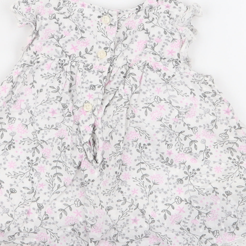George Girls White Floral 100% Cotton Skater Dress Size 0-3 Months Round Neck Button