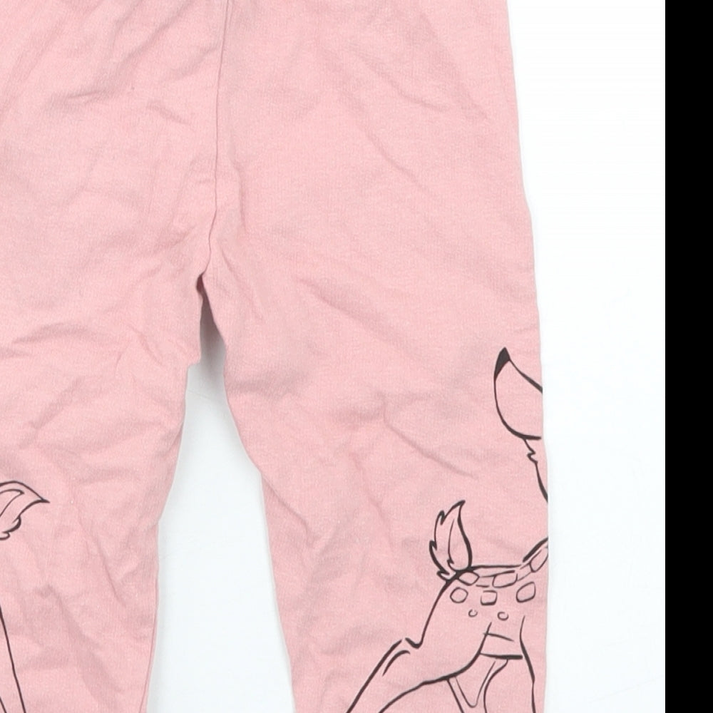 Brand and care label for Disney Baby girls’ pink cotton jogger trousers, size 18, months drawstring - bambi