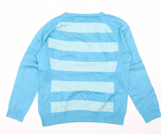 Gallery Mens Blue Crew Neck Striped Viscose Pullover Jumper Size M