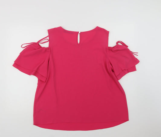 Dunnes Stores Womens Pink Polyester Basic Blouse Size 14 Round Neck - Cold Shoulder