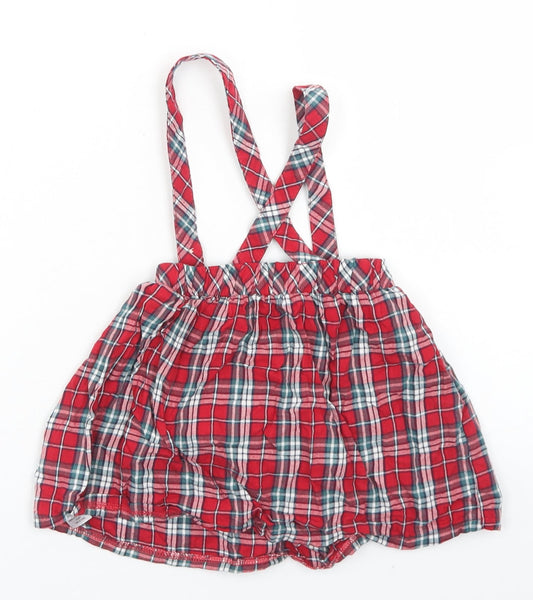 George Girls Red Plaid Cotton Pinafore/Dungaree Dress Size 12-18 Months Square Neck Button