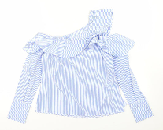 New Look Womens Blue Striped Polyester Basic Blouse Size 6 Off the Shoulder - Cold Shoulder