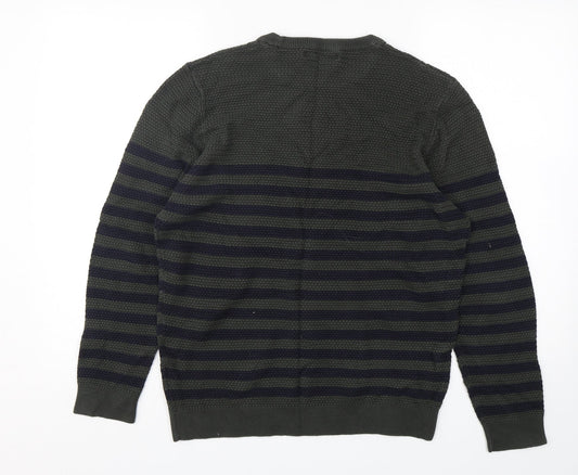 Easy Womens Green Round Neck Striped Cotton Pullover Jumper Size L