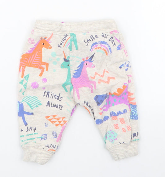 NEXT Girls Ivory Geometric Cotton Jogger Trousers Size 3-6 Months Drawstring - Unicorns