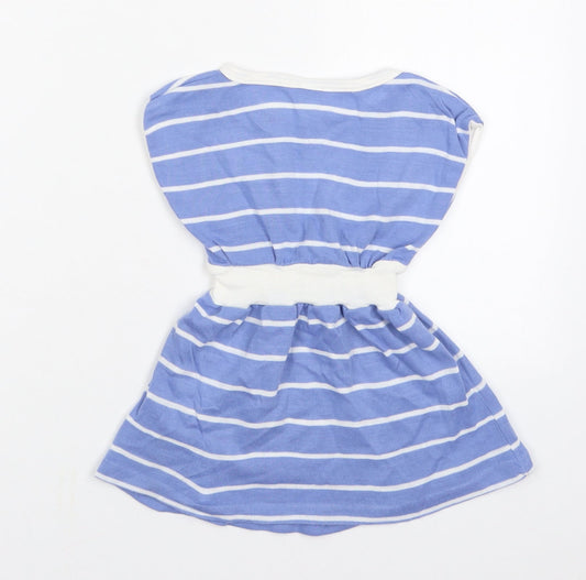 Preworn Girls Blue Striped Cotton Skater Dress Size 2 Years Crew Neck Pullover
