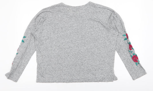 New Look Womens Grey Floral Polyester Jersey T-Shirt Size 8 Round Neck - Roses