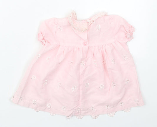 Preworn Girls Pink Floral Cotton A-Line Size 6-9 Months Collared Button