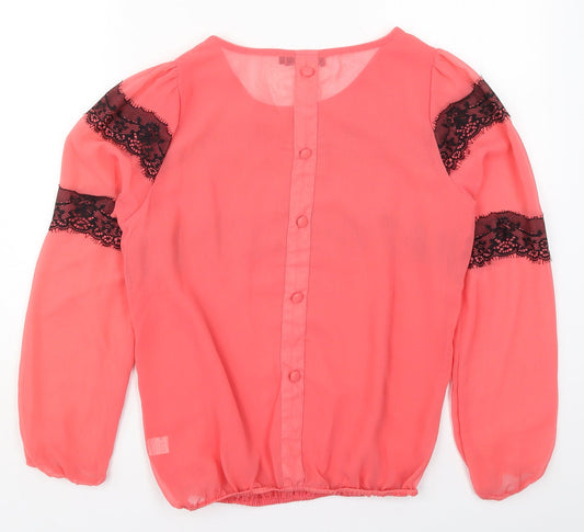Fine Womens Pink Polyester Basic Blouse Size 12 Round Neck