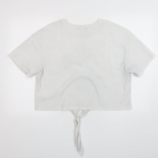 MAX Womens White Polyester Cropped T-Shirt Size 14 Round Neck