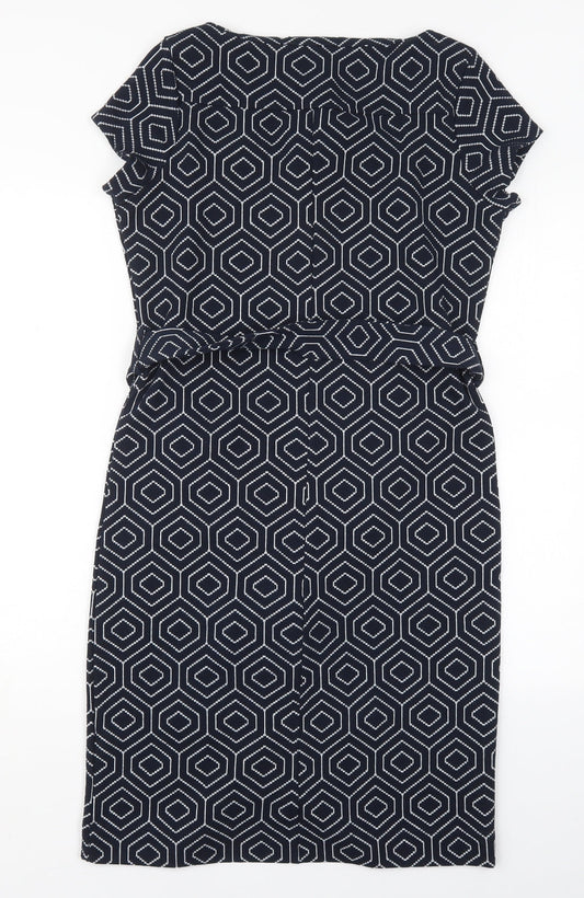 NEXT Womens Blue Geometric Polyester Pencil Dress Size 8 Square Neck Pullover