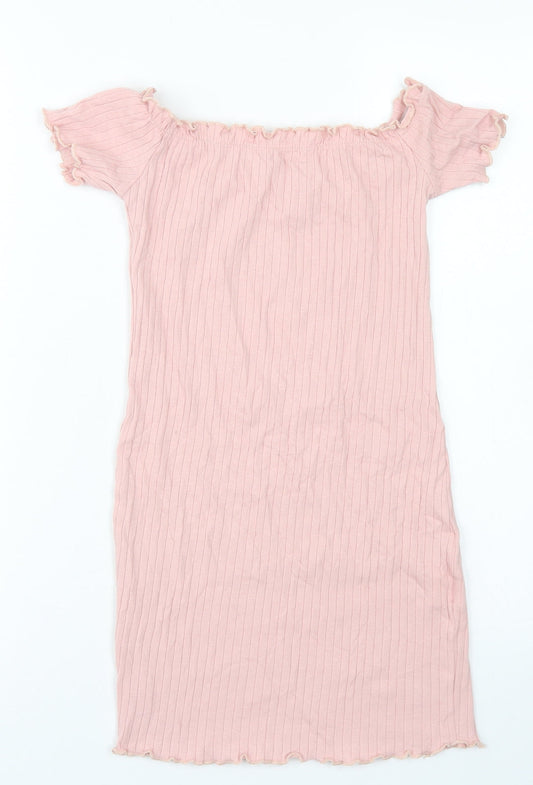 SheIn Girls Pink Cotton Pencil Dress Size 10 Years Off the Shoulder - Lettuce Edging